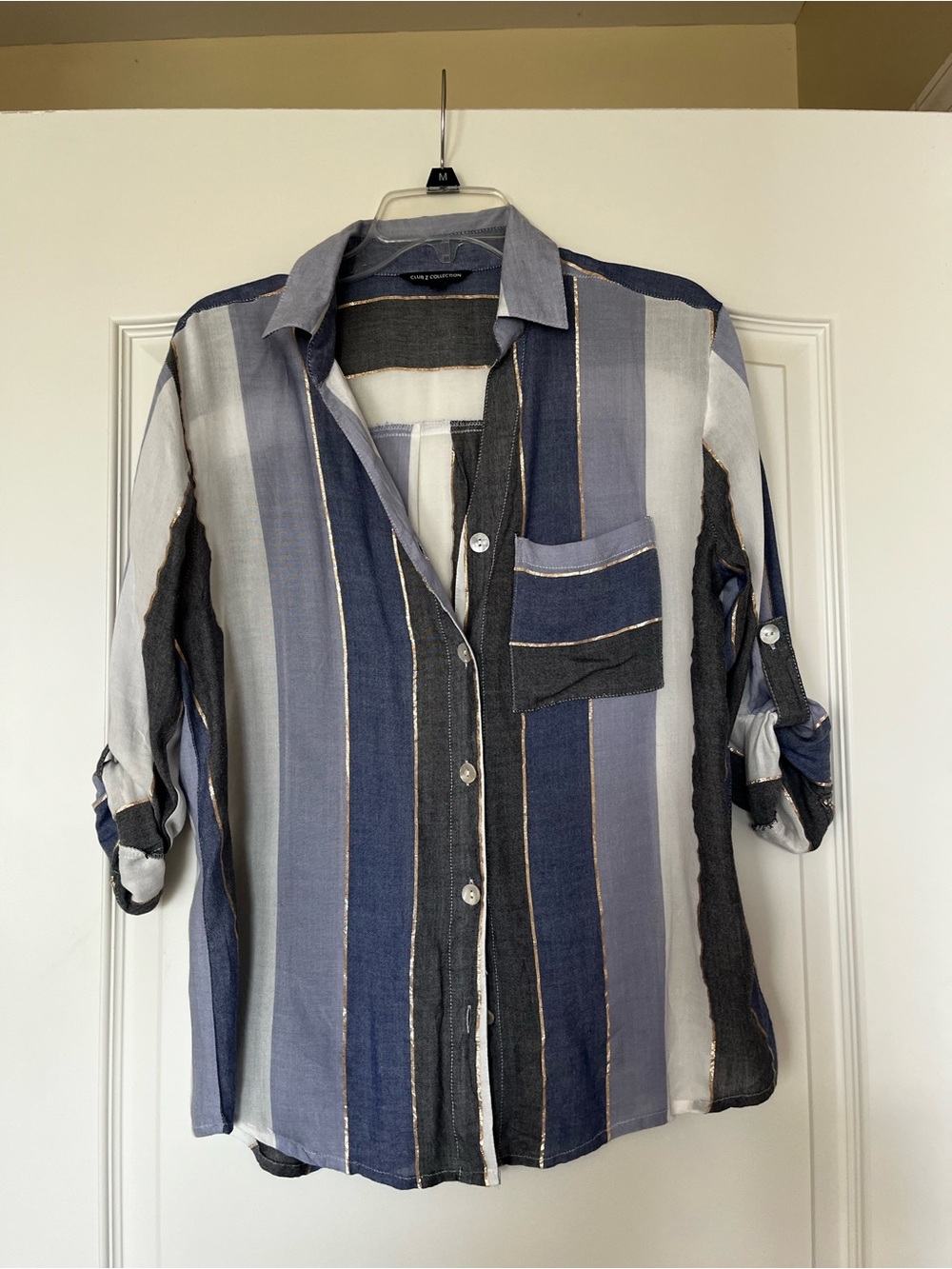 Striped Button-Front Blouse in Navy, Gray & White